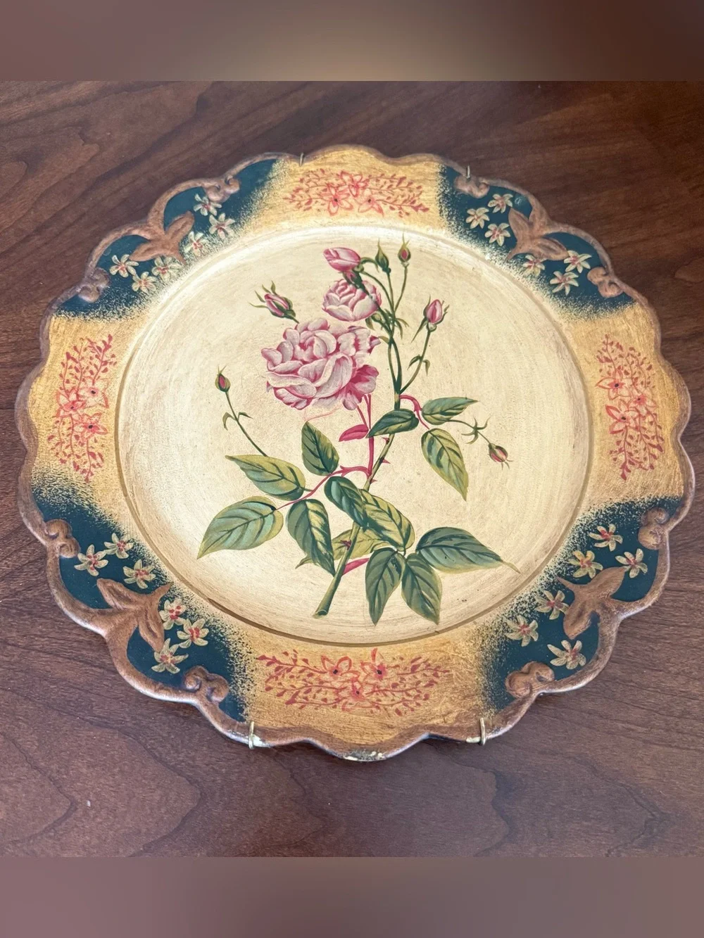 3 VTG Victorian-Style Hand Painted Scalloped 12” Plates Wall Hanging Roses